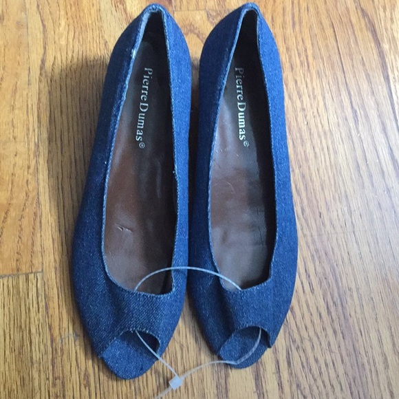 Pierre Dumas Denim Wedge Peep Toe Heels Shoes 6 - Picture 1 of 5